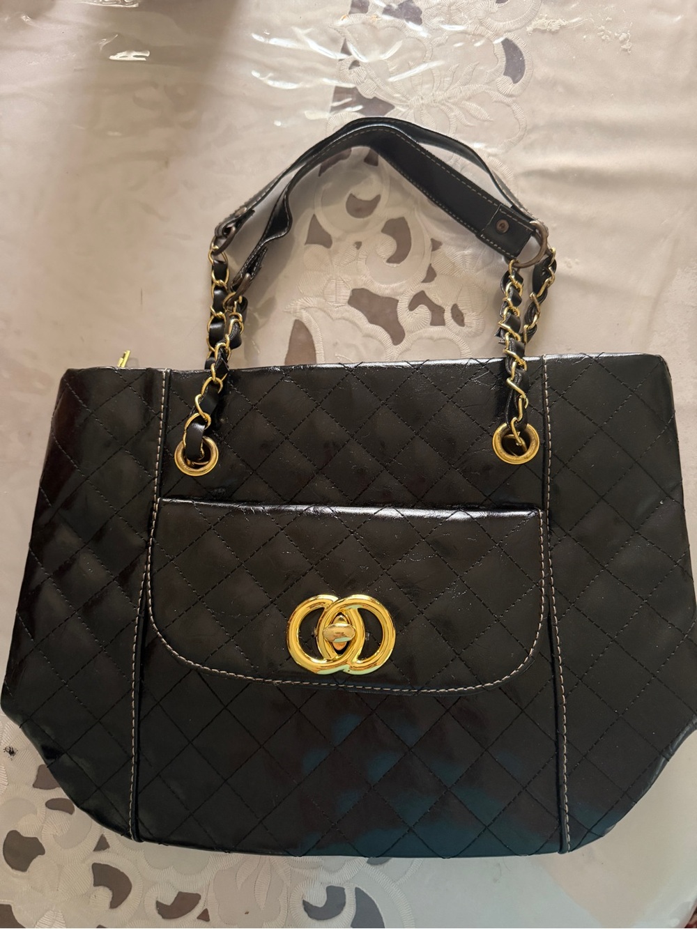 Quilted Black Chain-Handle Tote Bag - Designer Style